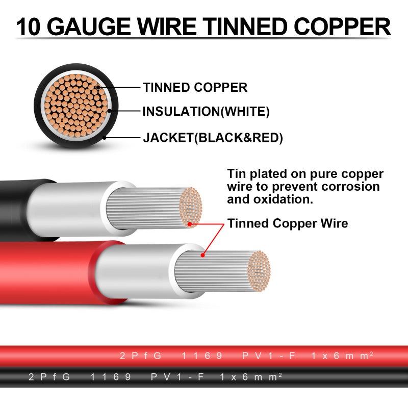 iGreely 1 Pair 6 Feet Black + 6 Feet Red 10AWG(6mmÂ²) Solar Panel Extension Cable Wire with Female and Male Connectors - Image 4